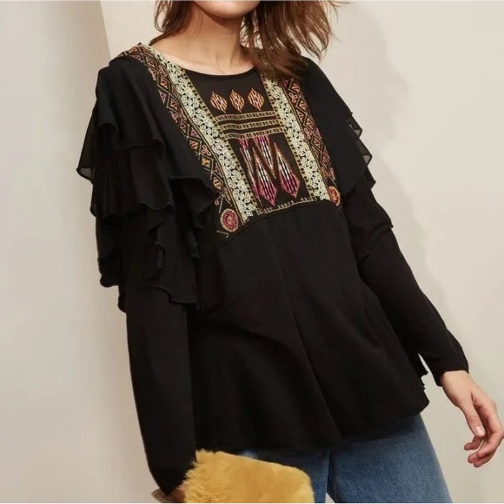 Free People Boho La Cienega Small‎ NEW LongSleeve Embroidered Mesh Ruffle Linen